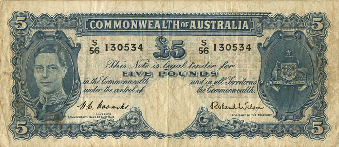 Australia - 5 Pounds - P-27d - 1952 dated Foreign Paper Money